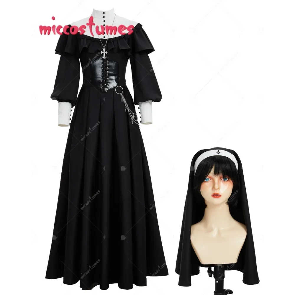 MICCOSTUMES Gothic Halloween Nun Style Dress Retro Black Long Dress with Shawl and Necklace Waist Belt Cosplay Costume