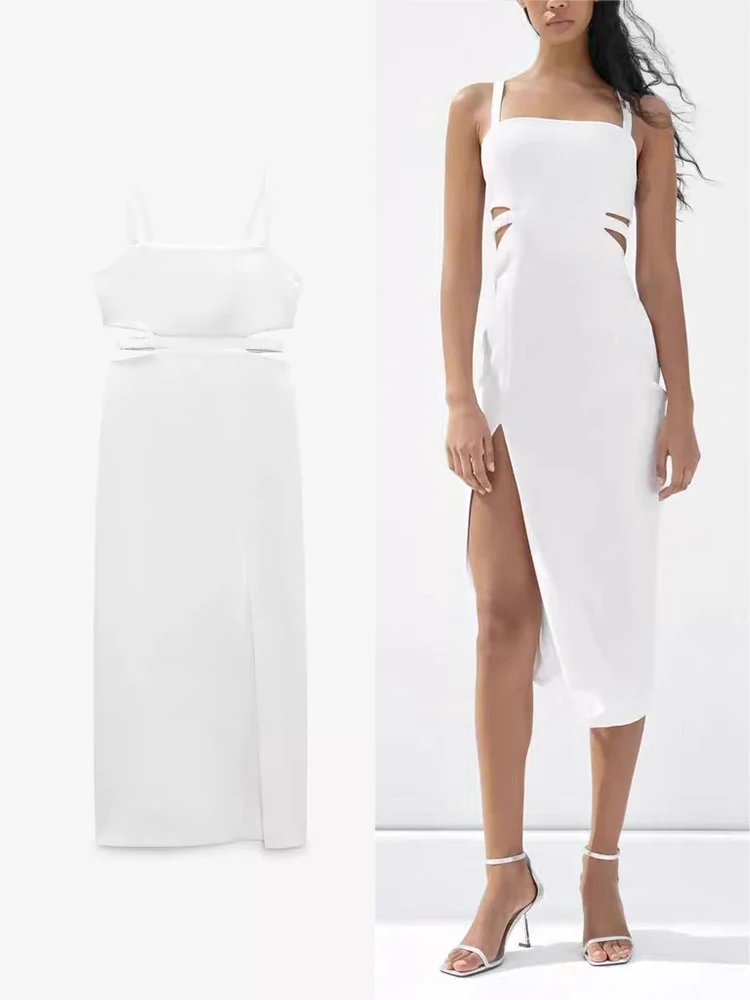 Robe dos nu élégante et sexy avec découpe à la taille pour femmes  Robe sans manches à bretelles spaghetti avec fente haute