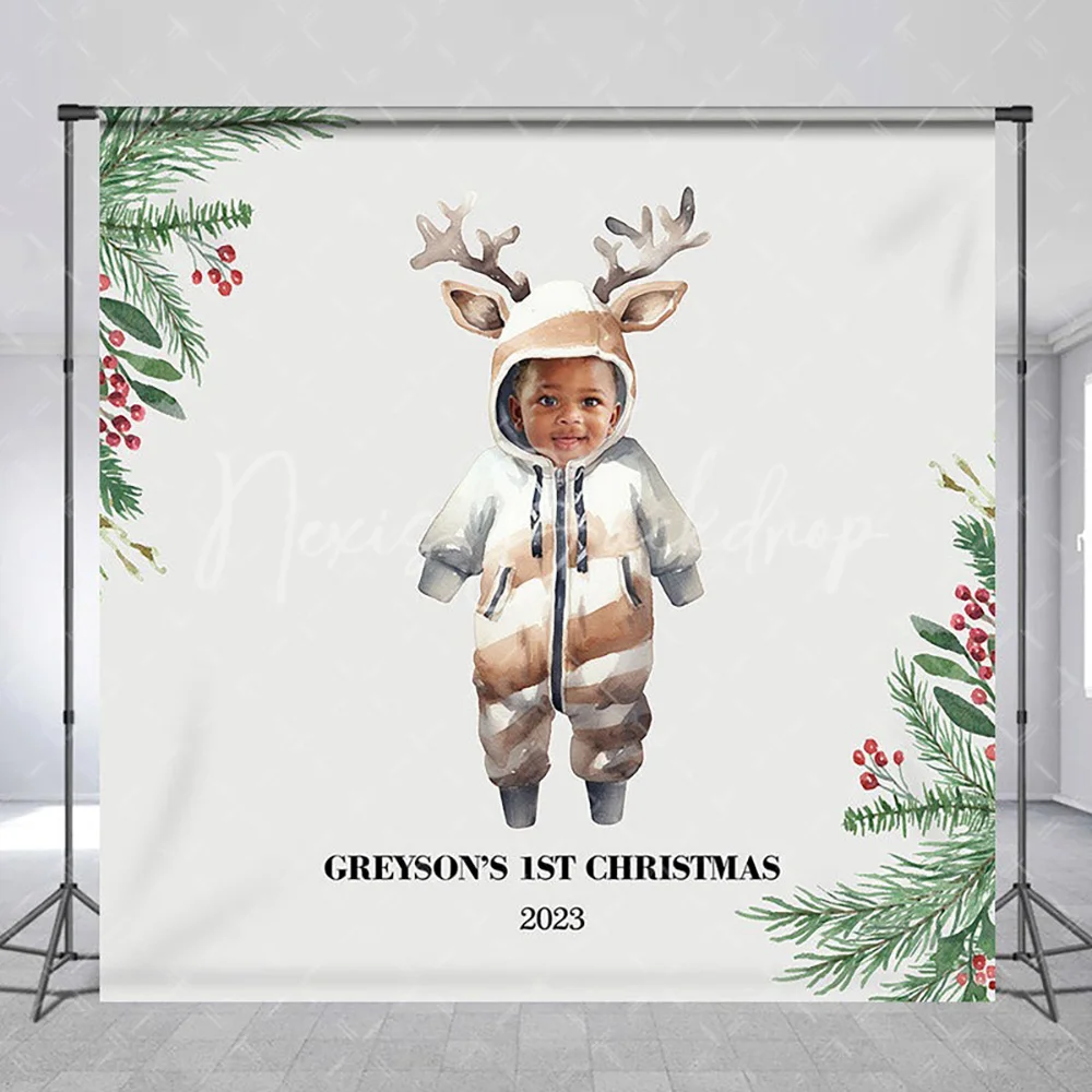 

Cute Deer Cloth Custom 1st Christmas Birthday Backdrop, Winter Holiday Photography Background Studio Wall Decoration