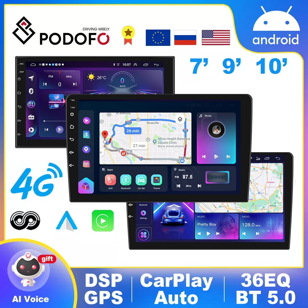 Podofo AI Android Car Multimedia Player 4G Split Screen Car Radio GPS Audio Stereo 2 Din Autoradio For Ford VW Toyota Nissan