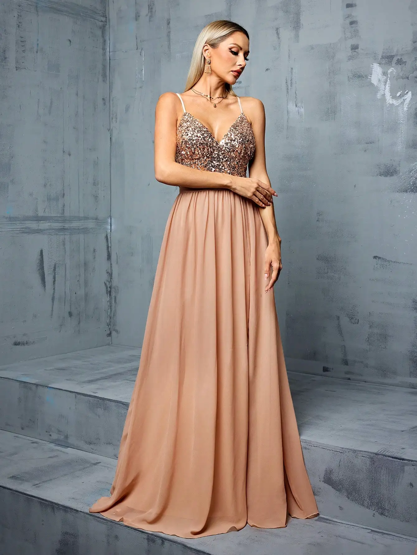 Mgiacy Fine halter Deep V Sequin chiffon split A Full skirt Evening gown PROM dress Party dress Bridesmaid dress