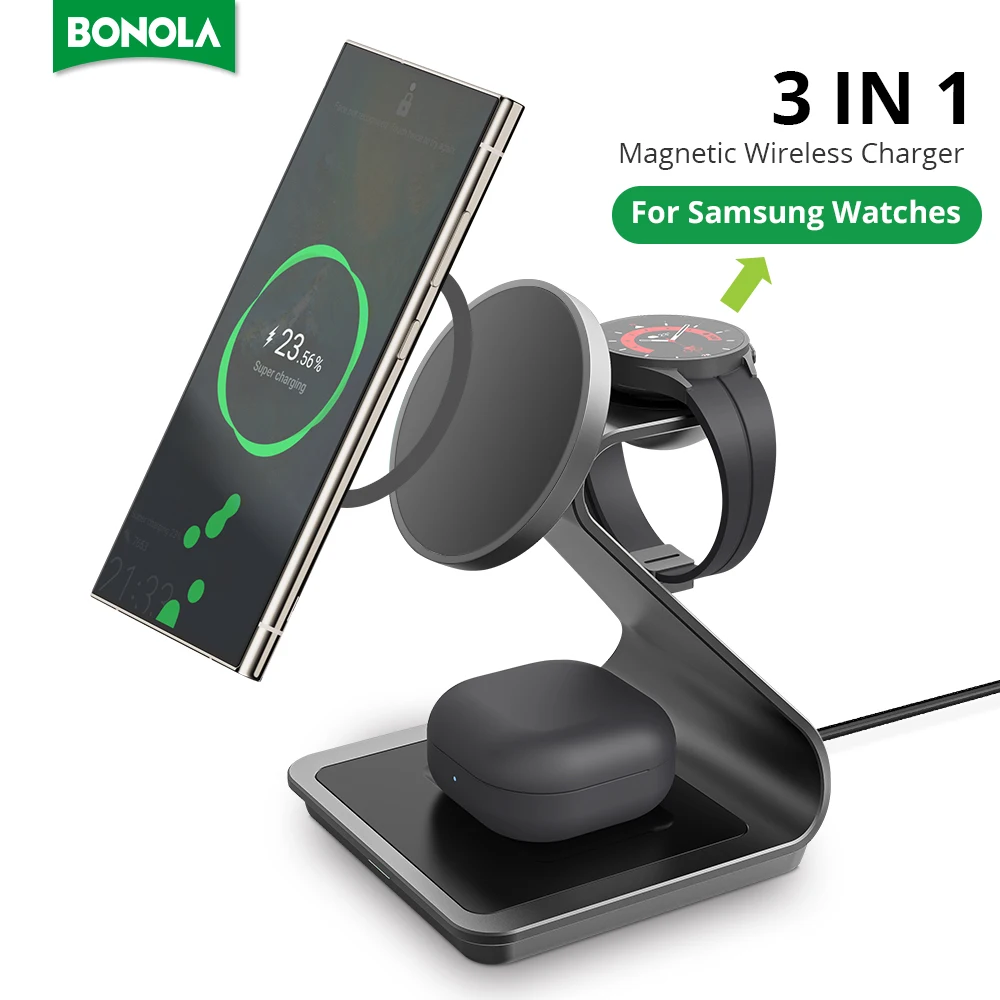 Bonola Magnetic 3 in 1 Wireless Charger Station for Samsung S24 Ultra/S23 25w Fast Charging Stand for Galaxy Watch 7/6/5/Earbuds