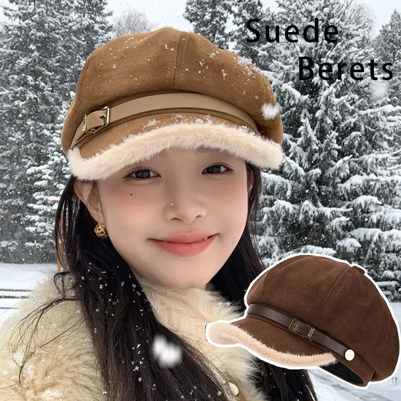 

Японская винтажная замшевая кепка-берет с пряжкой и отделкой из искусственного меха, ретро-шляпа с козырьком для осени и зимы