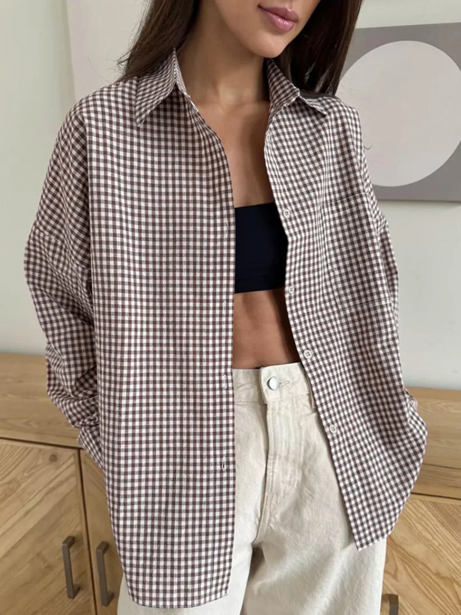 Bornladies 100% Cotton Plaid Minimalist Shirt Office Ladies Autumn New Loose Fashion Top Collar Shirt Jacket Women's Clothing