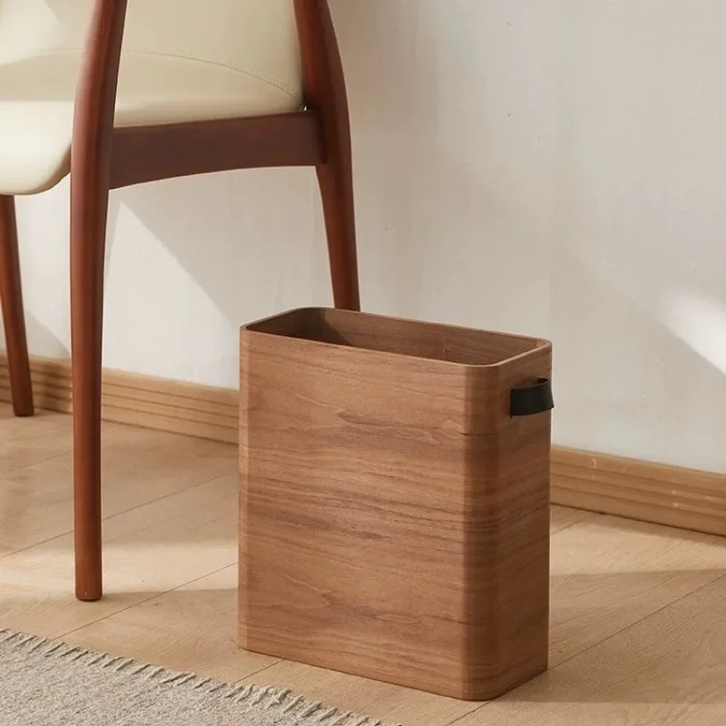 Light luxury and minimalist natural wood, vintage leather buckle, garbage bin, paper basket, home bedroom, living room