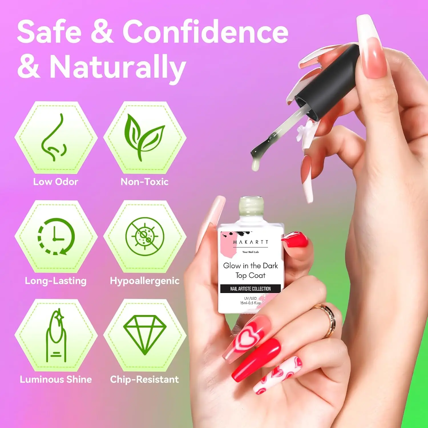 Makartt Glow in the Dark Gel Top Coat – 15ML Luminous No Wipe Clear Top Coat Gel Nail Polish, UV/LED Lamp Needed, Long-Lasting