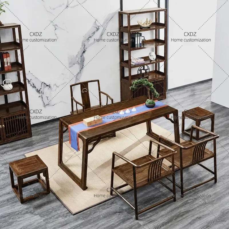 Modern Simple Solid Wood Desk Elm Study Furniture Combination Walnut Desk Chair Writing Desk Calligraphy Table