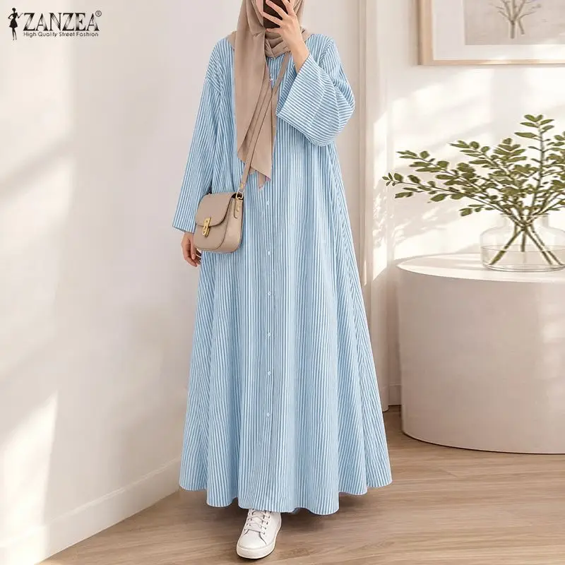ZANZEA Autumn Women Dresses Striped Long Sleeve Button Down Maxi Shirt Dress  Casual Muslim O Neck Streetwear Vestidos