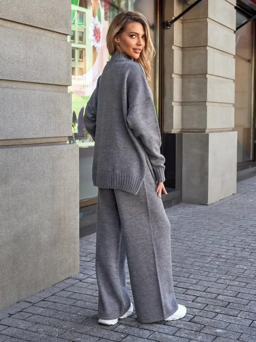 Outfit Casual Dicke Warme Stricken Anzug Herbst Winter Gestrickte Rollkragenpullover Set Frauen Lose Langarm Hosen 2 stück