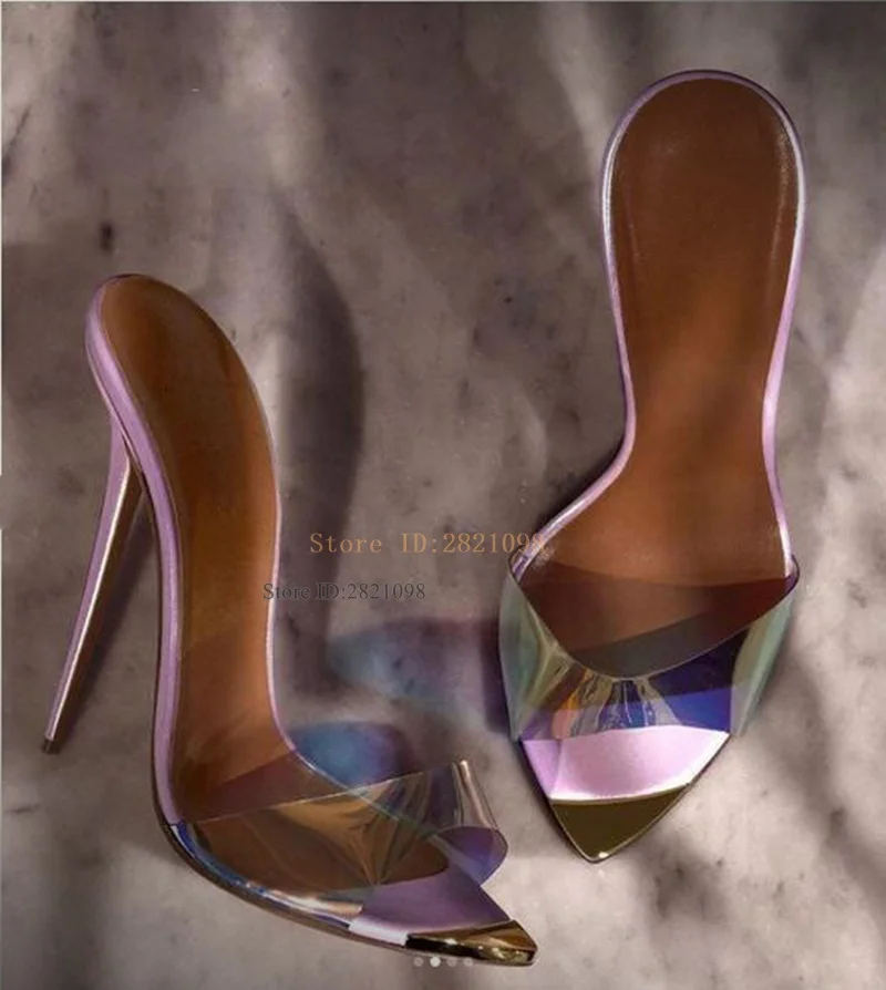 Purple Pvc Patent Leather Pointed Toe Stiletto Mules High Heel Sandals Slip On Pointy Bend Thin Heeled Women Summer Shoes