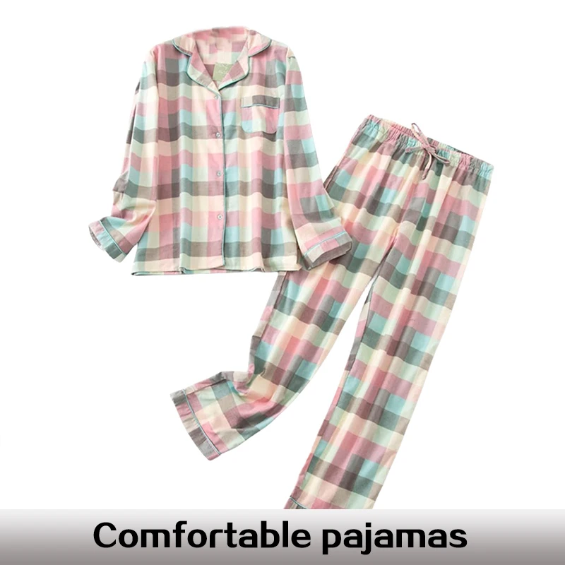 100% Pure Cotton Long Cardigan Multi-color Plaid Home Pajama Set Women\'s Pure Cotton Comfortable Home Casual Pajama Set