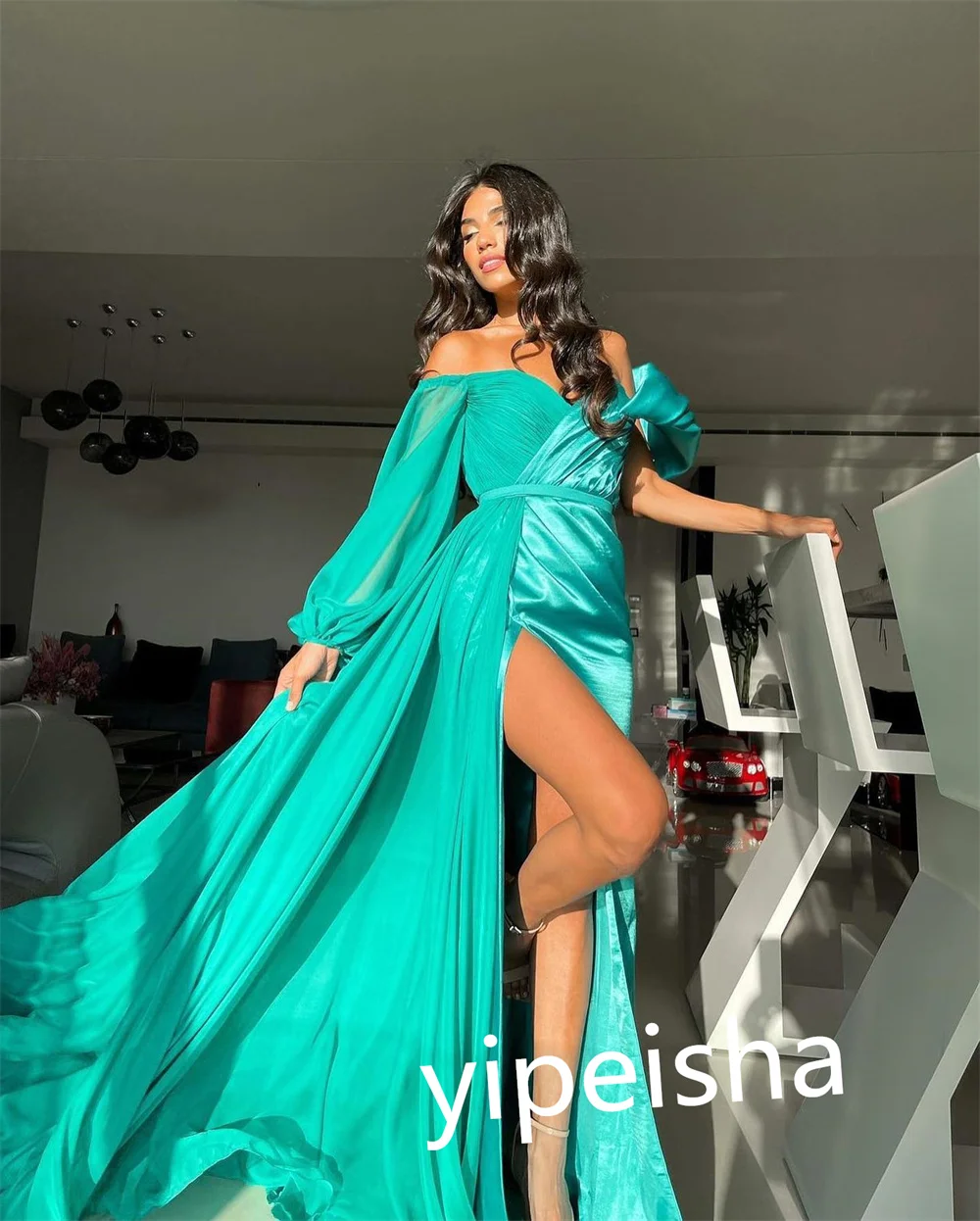 Squisito abbinamento Off-the-shoulder a-line abiti da sera lunghi fino al pavimento abito da cerimonia in raso abiti para mujer gala