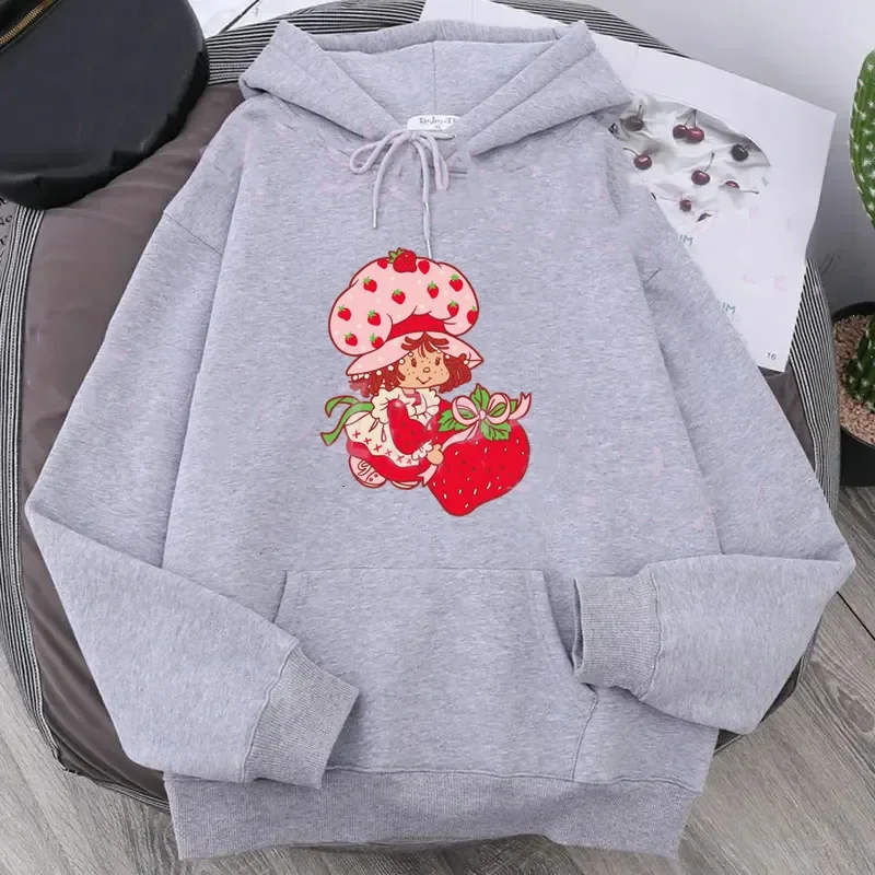 كارتون الفراولة المرأة هوديس الفراولة كعكة هوديس قمم جيوب طويلة الأكمام الأزياء قمصان سويت شيرت بقلنسوة
