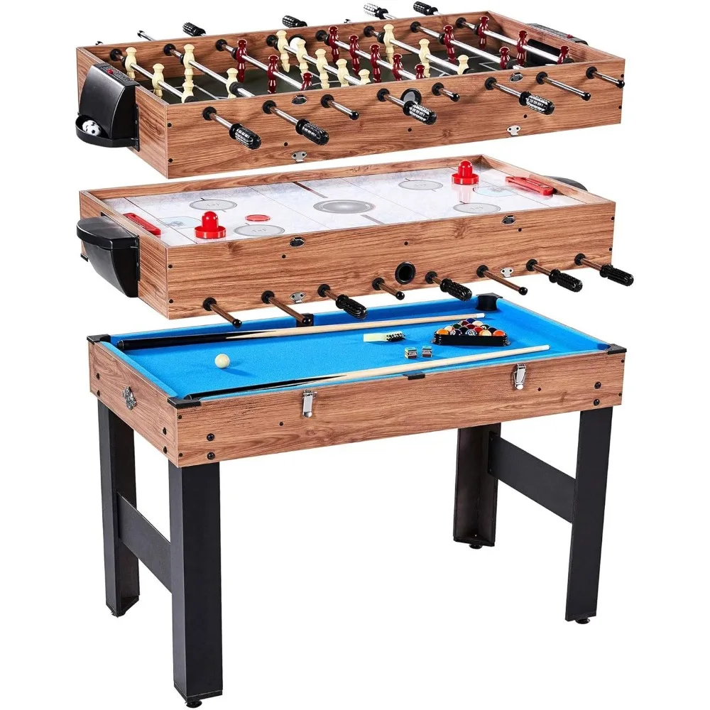 3 in 1 Pool Billiard, Slide Hockey, Foosball Combo Arcade Game Table with Pool Cues, Billiard Balls, Hockey Mallets