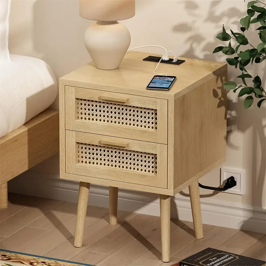 

A Furniture Rattan Nightstand With Charging Station Bedside Table With 2 Drawers Wood Accent End Side Table