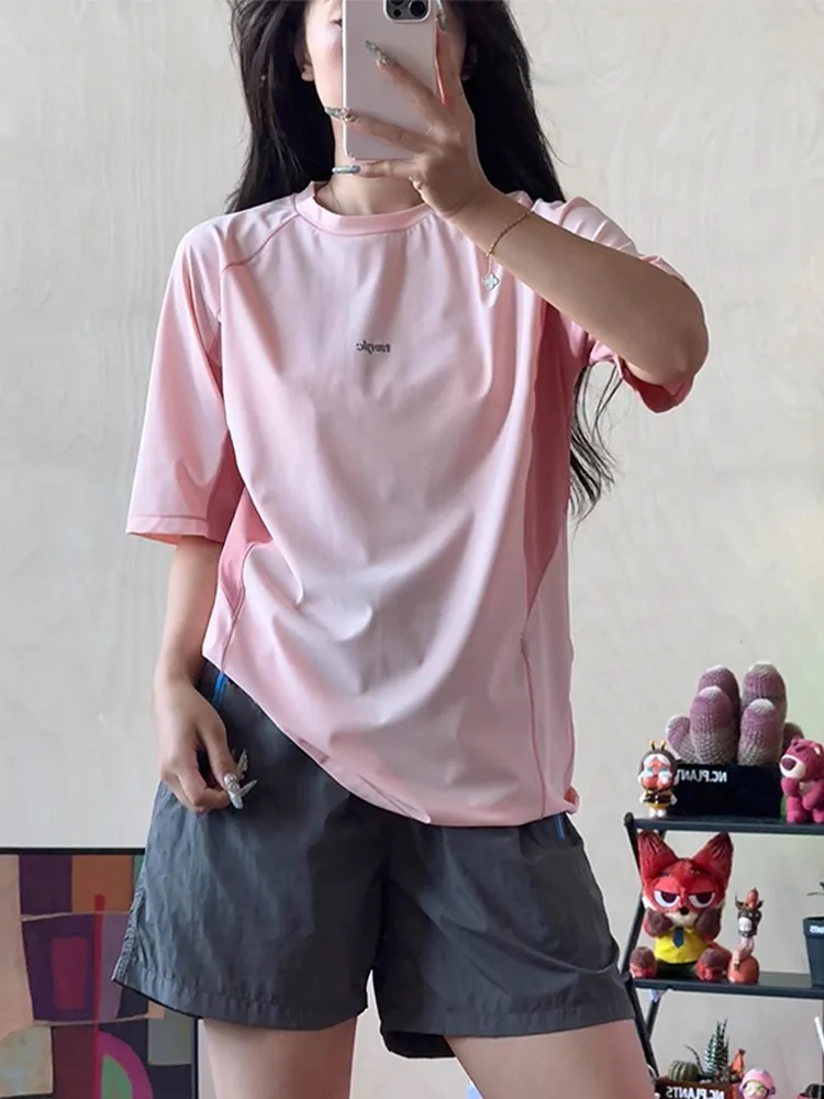 퀴 드라이 아이스 실크 스포츠 세트 여성용 여름 얇은 운동복 야외 사이클링 배드민턴 커플용 경량 라운드 넥