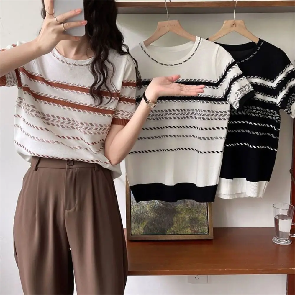 

Stylish Ins Short Sleeve Crop Top Loose Female Clothing Stripe Knitted T-shirt Summer Bottoming Shirt Knitwear Women Female