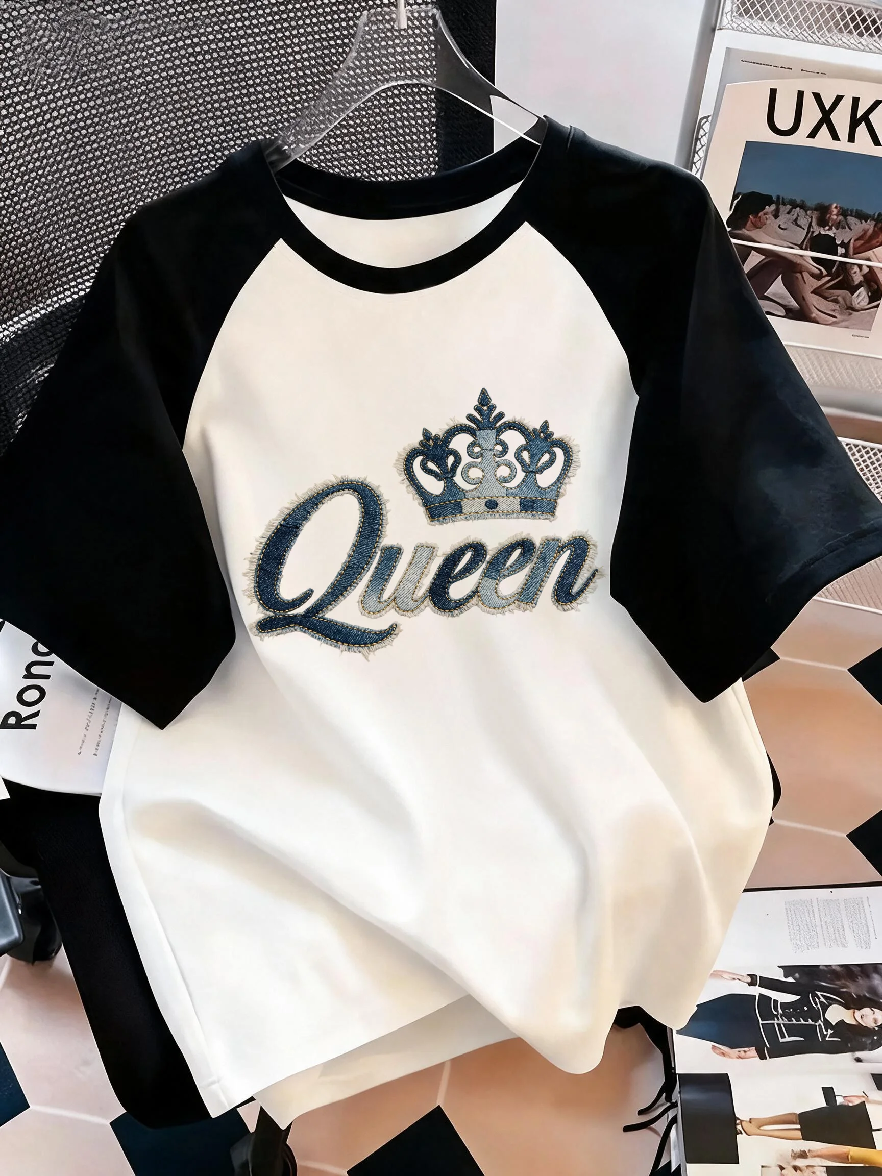 Vintage Design of Imitation Denim Fabric Queen Crown Print Tops Retro Women's Raglan Short Sleeve T Shirt Casual Clothes Female