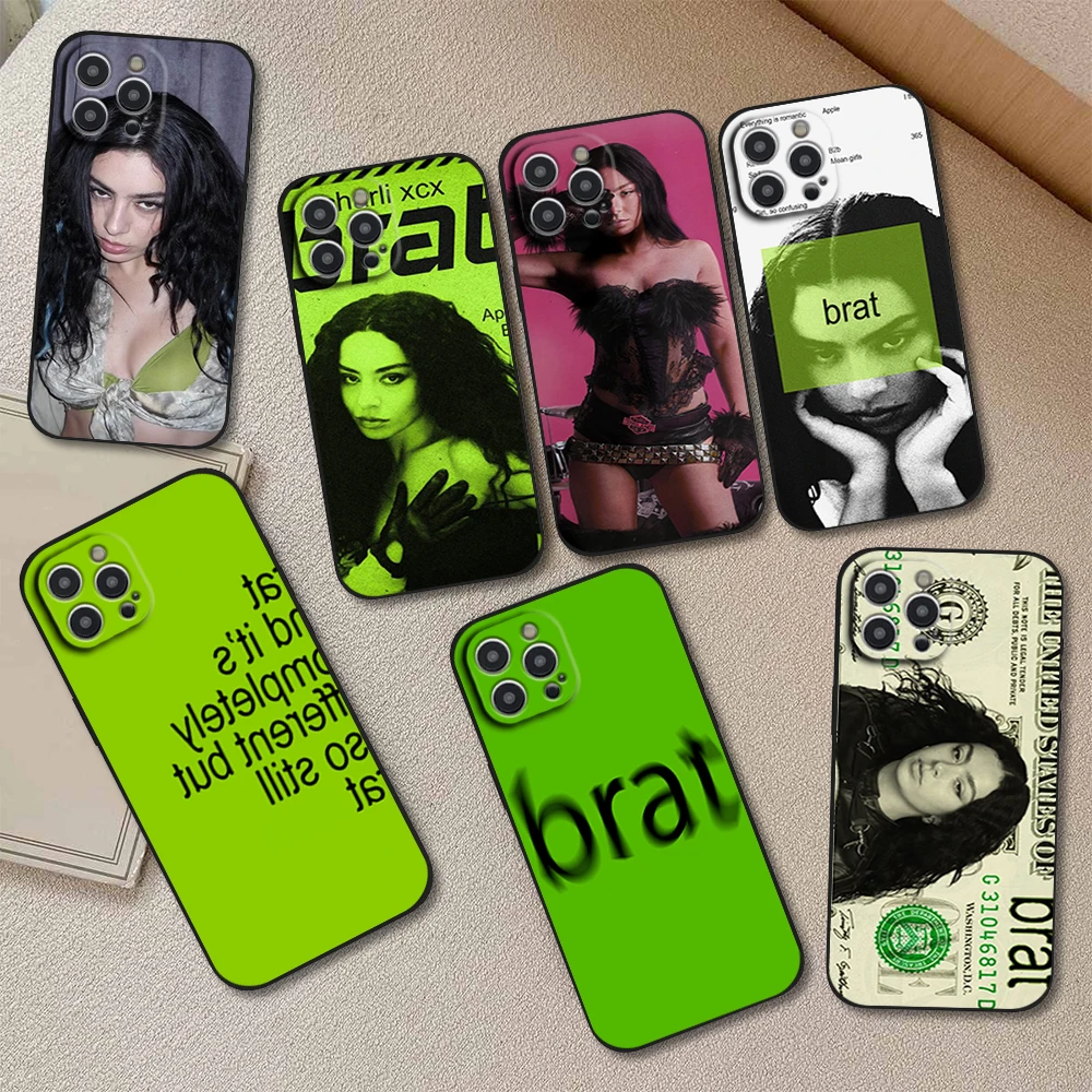 Singer C-Charli XCX BRAT Phone Case For iPhone 16 11 12 13 14 15 Pro Max Plus Black Soft Shell