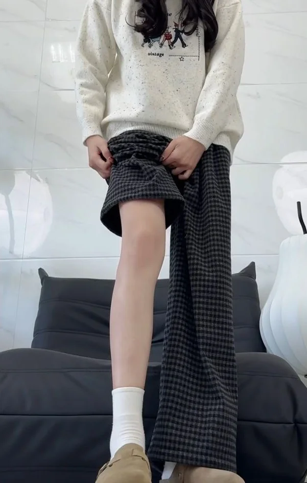 Hose mit weitem Bein, unregelmäßig, für Damen, Herbst, Polyester, A-Linie, Schule, Lounge, kariert, gefüttert, kariert, Jacquard, Damen, Cord, Patchwork, Retro