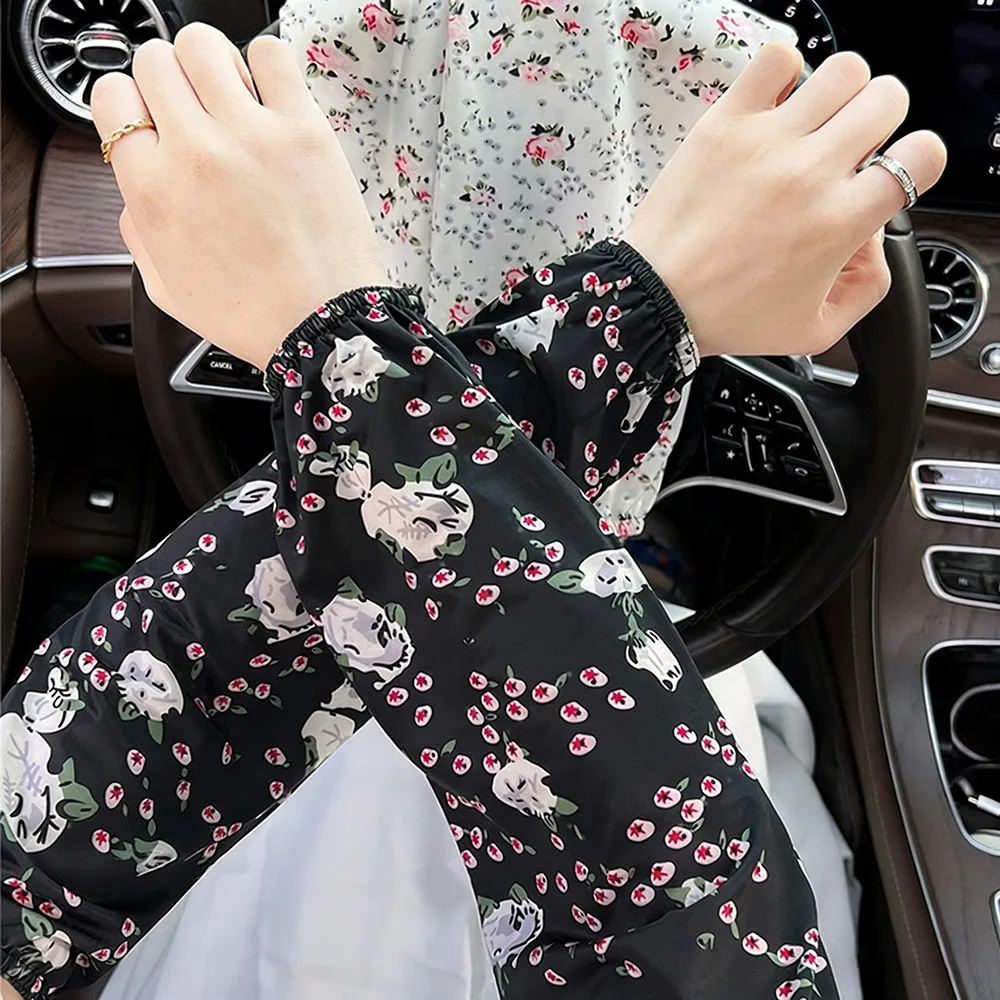 

Gifts Floral Print Ice Silk Sleeves for Women Elastic Arm Protectors Long Sleeves UV Protection Loose Fit Gloves
