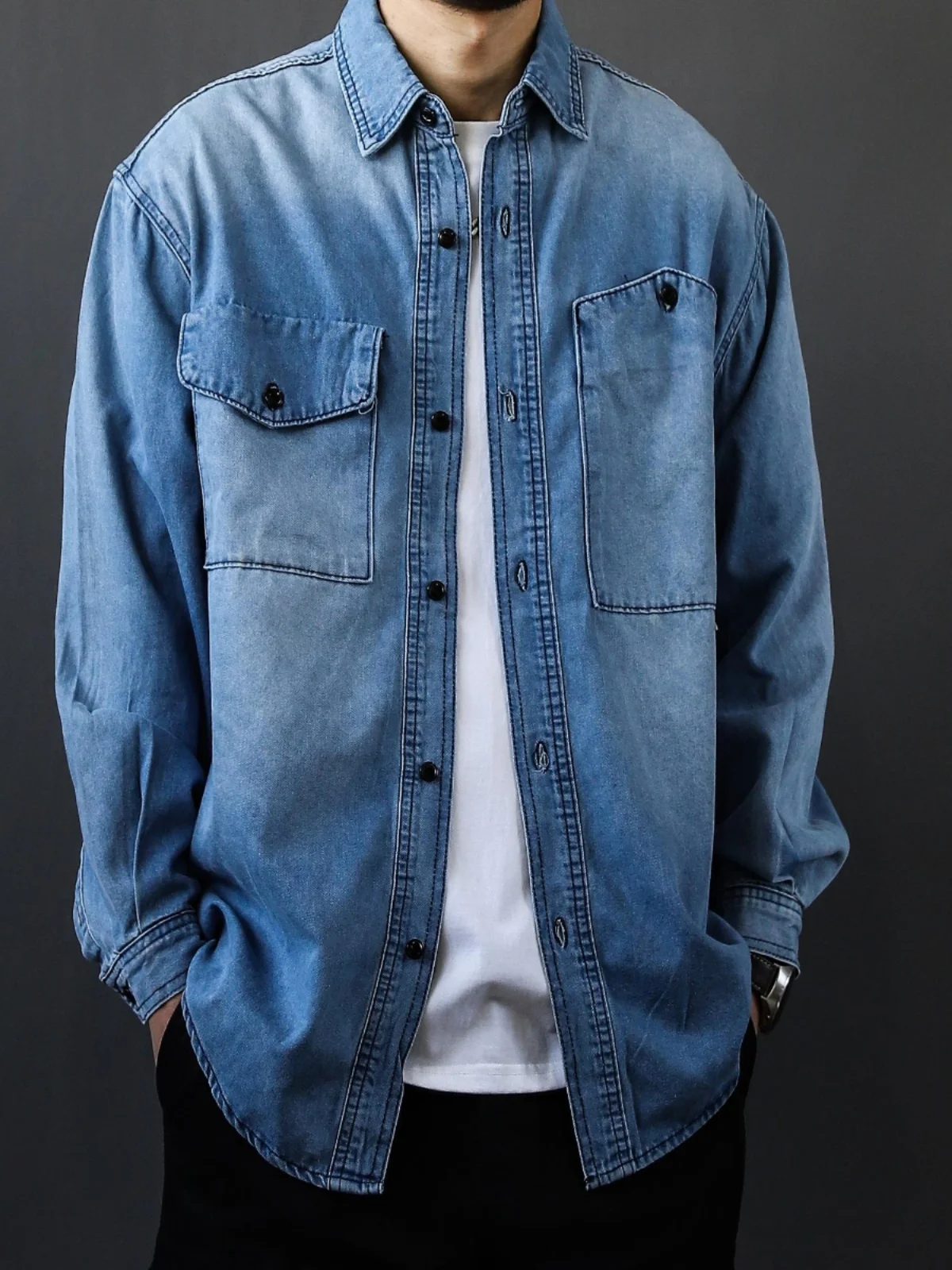

Мужская джинсовая рубашка в японском стиле с длинным рукавом, свободного кроя, повседневная, модная, в стиле рабочей одежды, для молодежи, весенний сезон