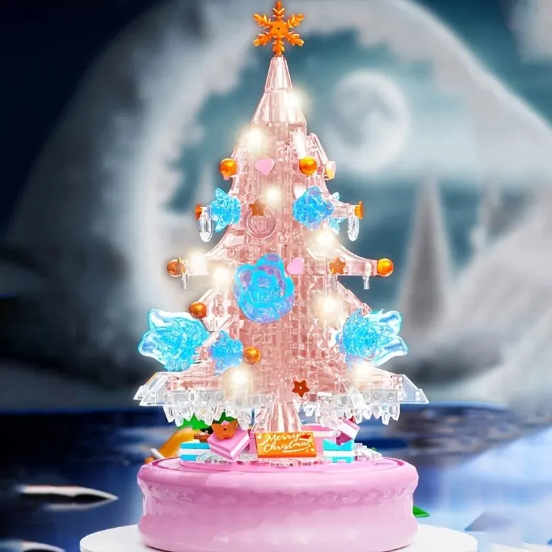 Bloques de construcción de caja de música de luz de árbol de Navidad rosa, modelo de Rosa transparente, ladrillos, regalos románticos de vacaciones para adultos, juguetes para niños