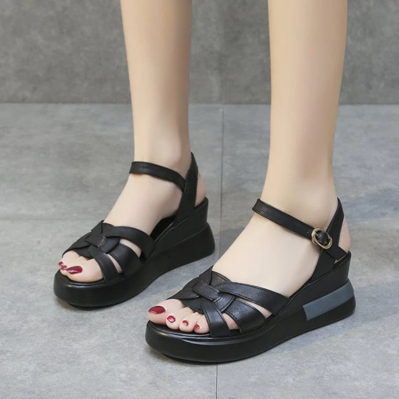 Hollow Buckle Sandals Female Summer Retro Round Head Wedges Roman Shoes Open Toe Casual Walking Slippers Sandalias De Mujer