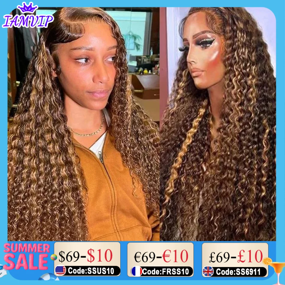 

250% Piano Highlight Ombre Wig 30/40 Inch 13x6 Hd Lace Frontal Wig Water 13x4 Front Deep Kinky Curly Remy Human Hair Glueless