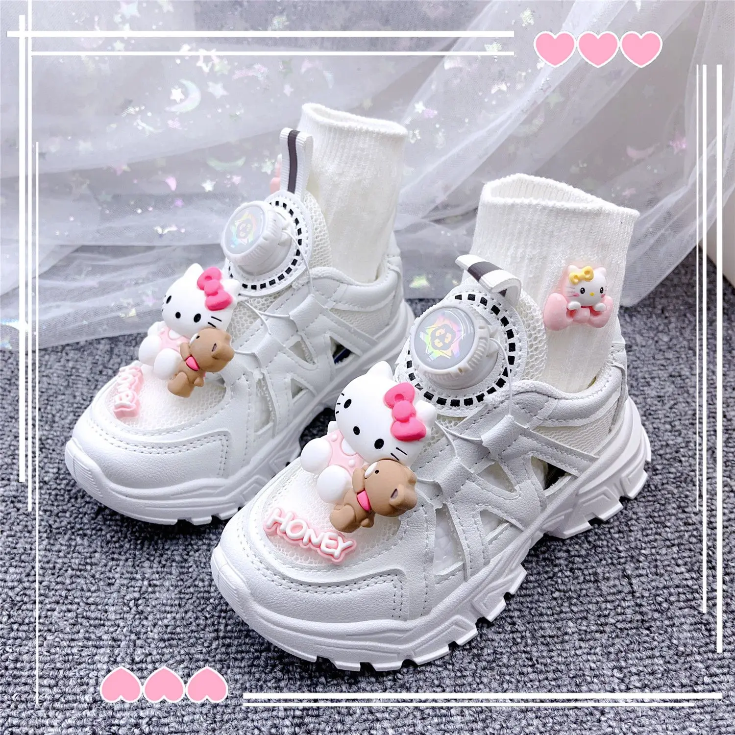 

Spring and Autumn New Children's White Shoes Double Mesh Anti-Slip Daddy Shoes Sanrio Cartoon Girls Sports Fashion Button Shoes