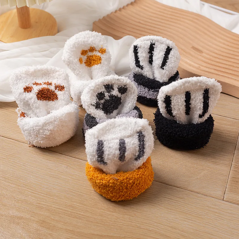 5 Pairs Women's Socks Comfortable Coral Fleece Floor Sweet Mid Tube Winter Plush Soft Socks Set Cartoon Cat Kawaii Cute Socks