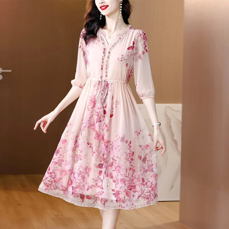 2024 pink Print Silk Satin Short Sleeve Midi Dress Women Vintage Asian-style cheongsam Vestidos Summer Elegant Dress