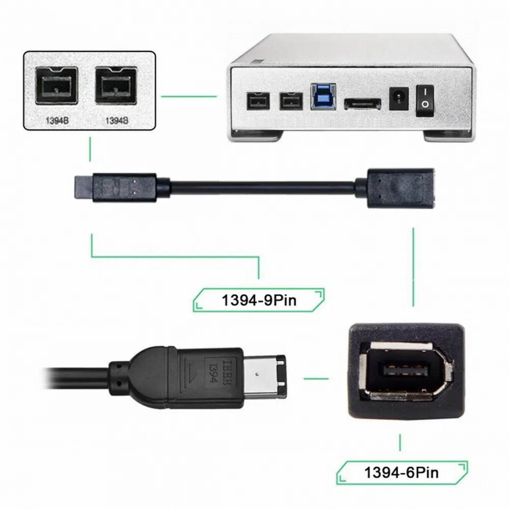 Cable adaptador para cámara digital IEEE 1394 6 pines hembra a 1394b 9 pines macho Firewire 400 a 800 Cable 20 cm