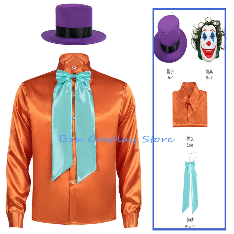 Disfraz de Payaso Murciélago Anime Caballero Negro El Joker para Hombre, Camisa Naranja, Corbata, Sombrero, Máscara, Accesorios, Traje de Terror para Halloween