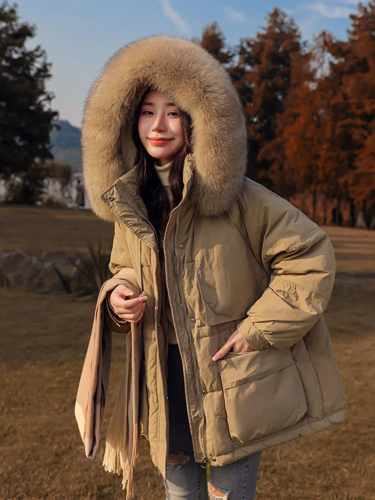 2023 Short Puffer Jacket Women 90% Duck Down Coat Huge Fox Raccoon Fur Hooded Winter Thicken Female  Feather Parkas