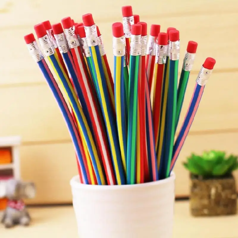 Flexible Pencils For Kids 2024 Striped Pencil 5X Colorful Pencil Toy Fun Craft Pencils With Erasers 18.5cm For Back To School