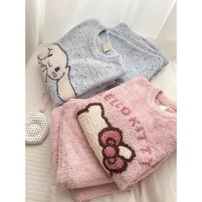 مرحبا كيتي المرجان المخملية منامة سانريو فتاة ملابس المنزل 2 قطعة نمط جديد الخريف والشتاء زائد المخملية سميكة الفانيلا مجموعة ساخنة