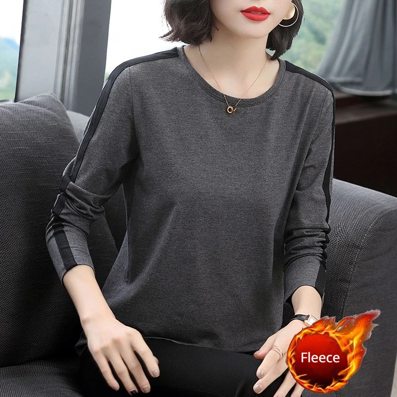 Long Sleeve Tees Shirt Women Fleece Thicken Plus Size Tops Casual Female Clothing Ladies Loose Round Collar Pullover Fall New