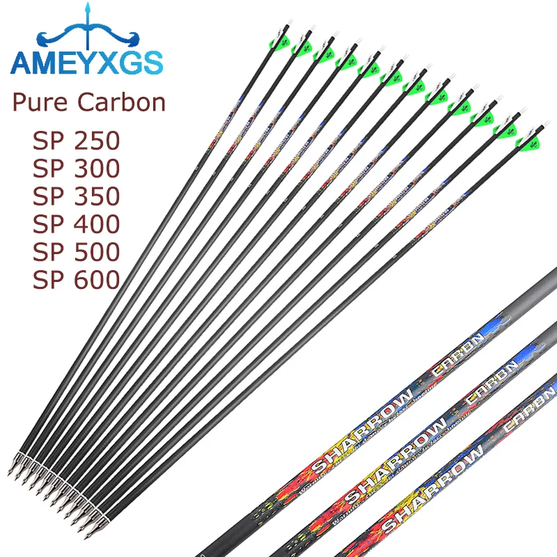 

6/12pcs Pure Carbon Arrow Spine 250 300 350 400 500 600 ID6.2mm 30" Archery Arrow Shafts Compound/Recurve Bow Hunting Shooting