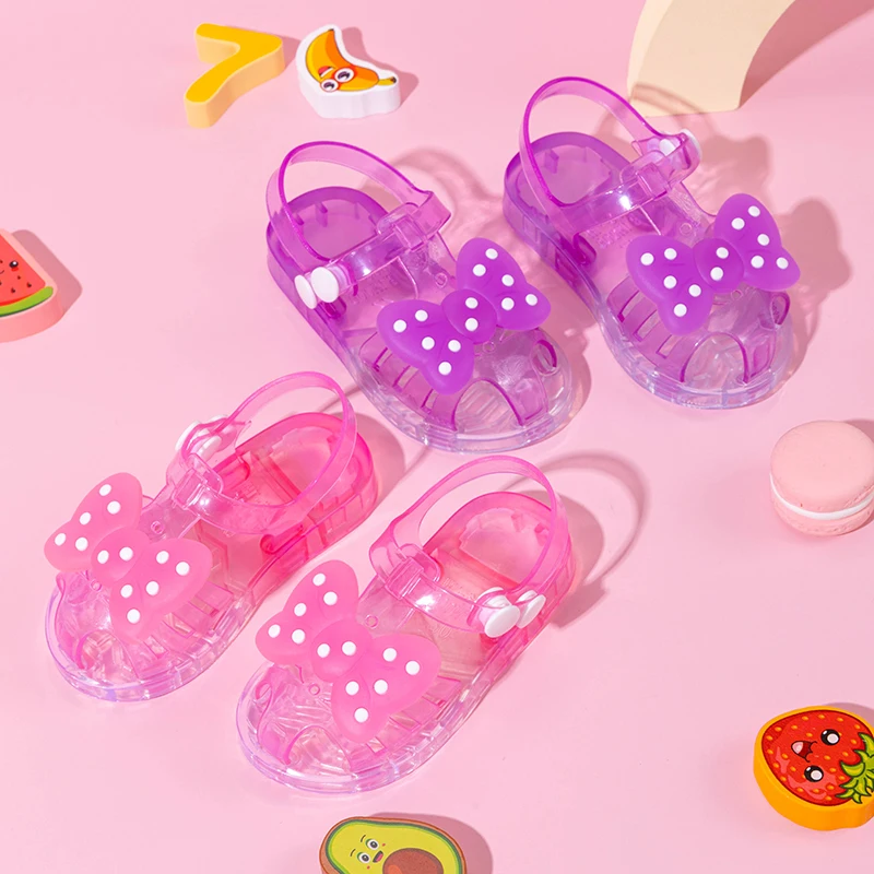 Girls Sweet Polka Dot Bow Jelly Sandals Cute Transparent Closed Toe Princess Shoes Summer Non-Slip Beach Casual Kid Footwear