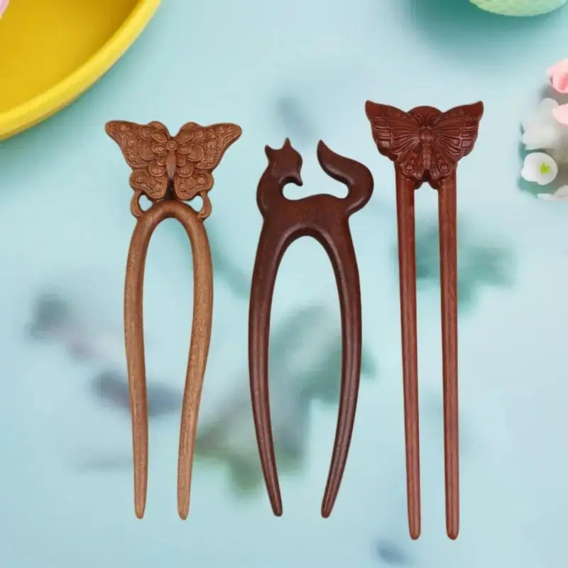 عصا شعر خشبية على شكل حرف U شوكة شعر على شكل فراشة قطة على الطراز الصيني دبوس شعر أنيق أغطية رأس إكسسوارات شعر للفتيات #5