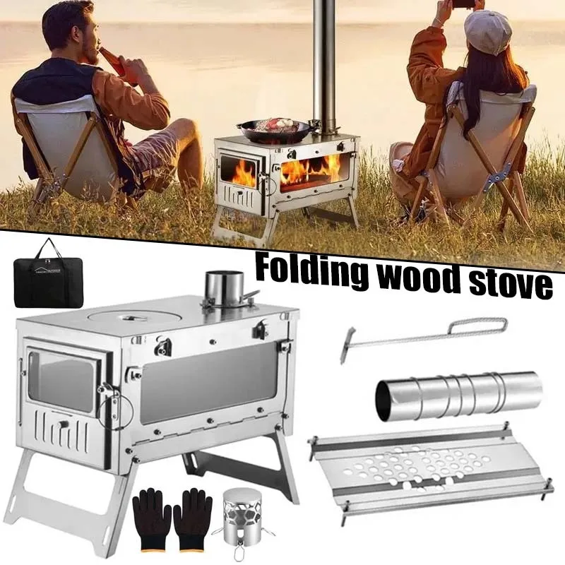 Camping Firewood Stove stainless steel Folding Portable Brazier Tent Wood Heater Furnace with Chimney Outdoor Ultralight Burner