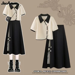 2024 Summer Chinese Style Women Graceful Shirt Skirts 1 or Two Piece Set Lady Short Sleeve Blouse Black Skirt Outfits New Tops