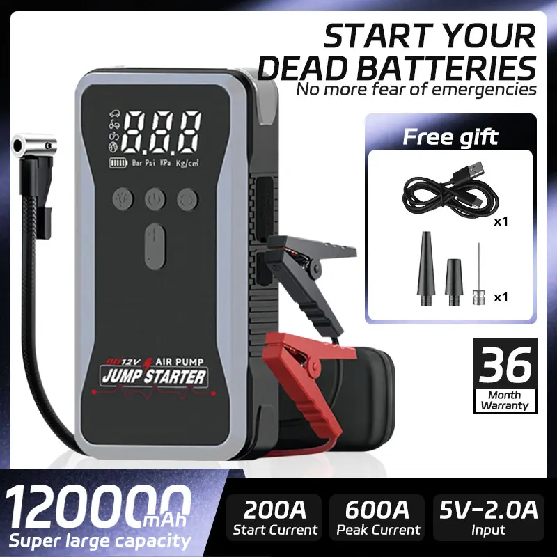 Power Bank & 150PSI Air Pump 4-in-1 Jump Starter - 12V Portable Car Battery Booster for Emergency & Outdoor