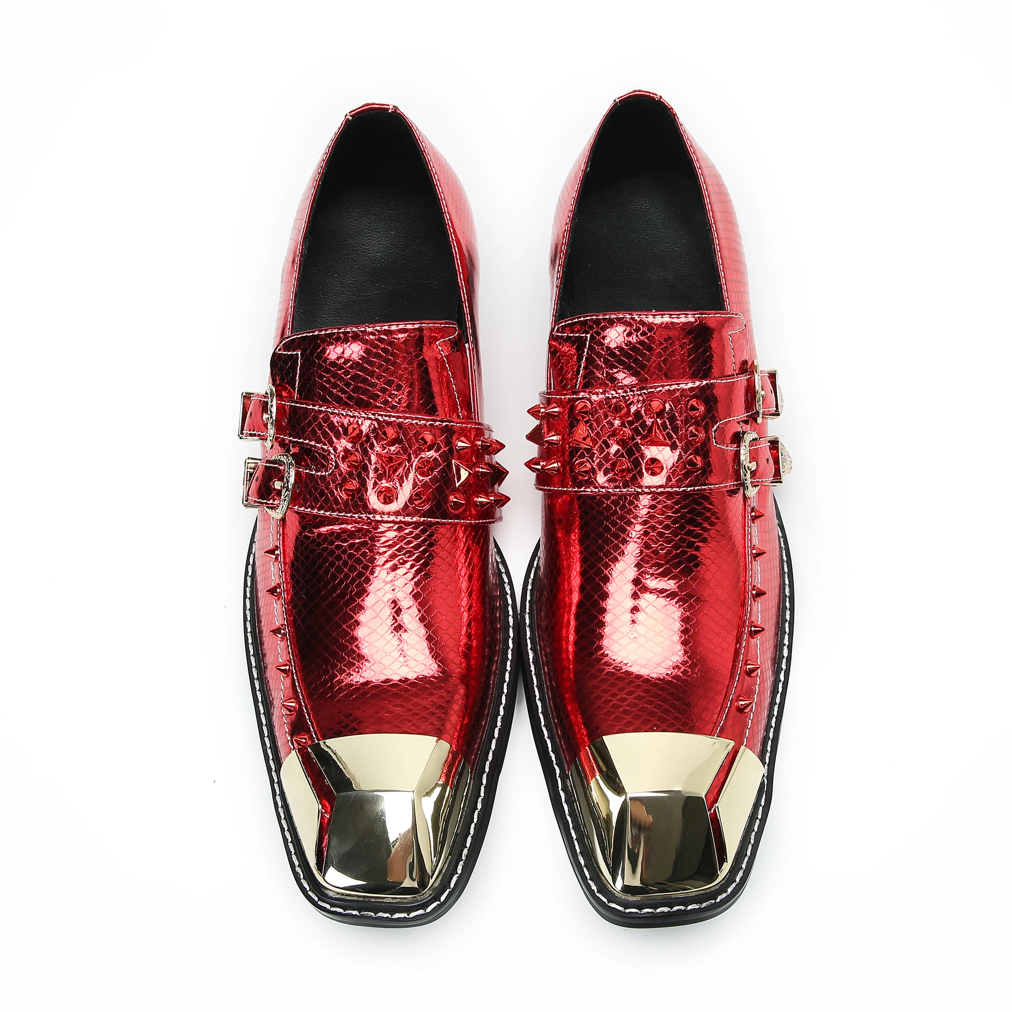 Luxury Men's Rainbow Gradient Glitter Patent Leather Dress Shoes with Metal Pointed Toe and Studded Details Double Monk Strap