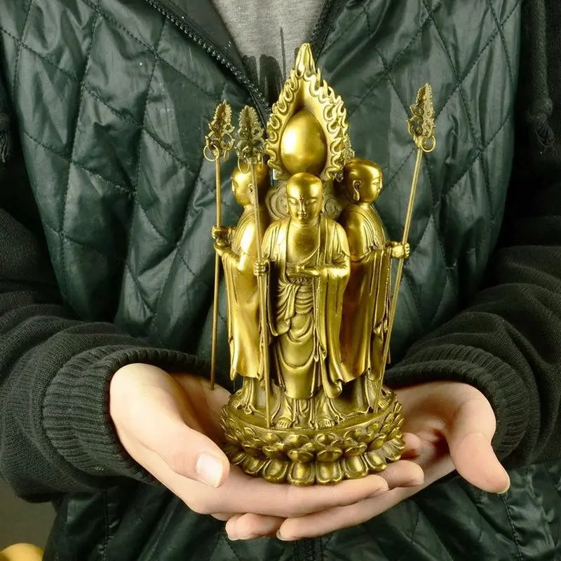 Brass Nine-Hua Mountain Ksitigarbha Bodhisattva Four-Faced Buddha Statue Ornament for Home Worship and Temple Decoration