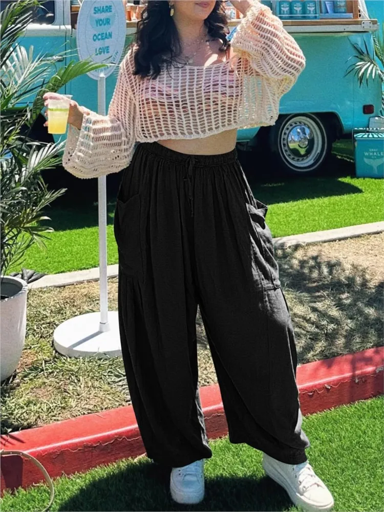 Plus Size Women's Trousers Linen Loose High Waist Drawstring Wide Leg Pants Casual Fake Daily Commuting Nine-point Pants Summer
