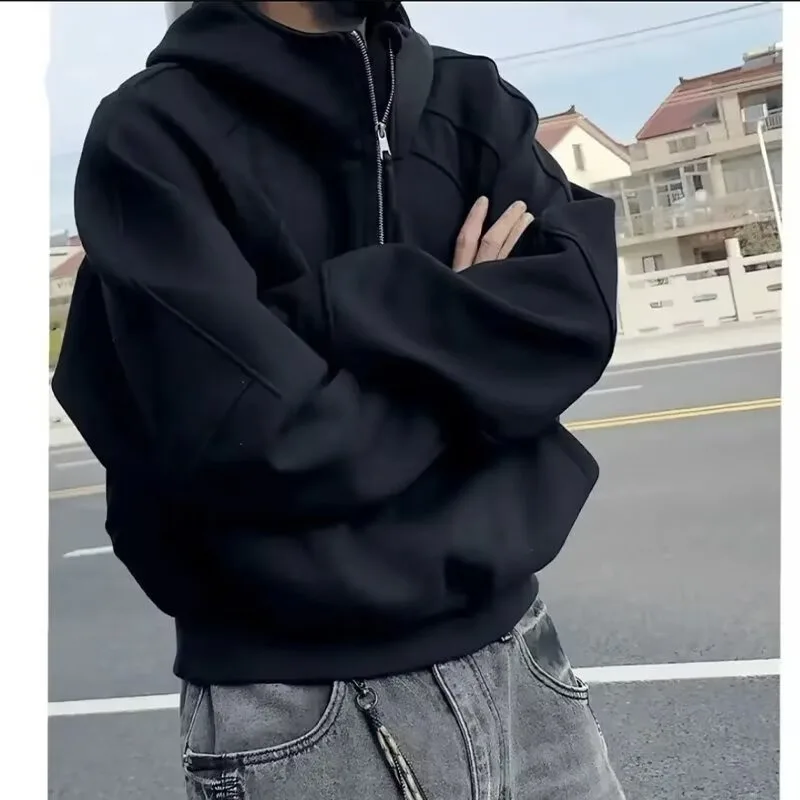

Мужская толстовка с капюшоном на молнии, деконструированная, в стиле пэчворк, для осени и зимы, повседневная, свободного кроя, из полиэстера