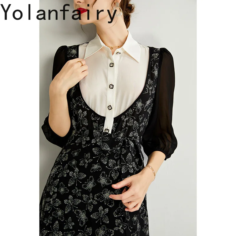 YOLANFAIRY 100% vestido de seda de morera auténtica para mujer, vestido negro Floral de gama alta con cuello camisero, vestidos elegantes para mujer