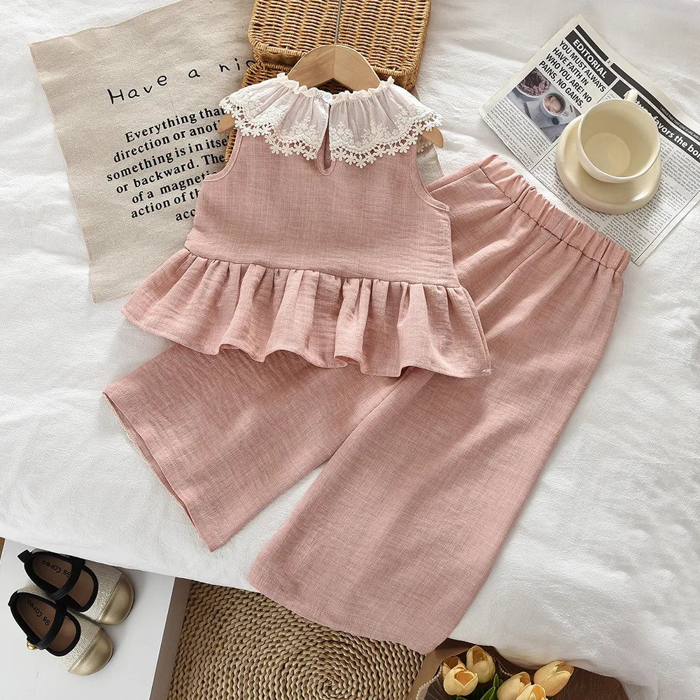 Pink Lace Doll Neck Sleeveless Pullover+wide Leg Pants Two-piece Set Summer New for Girls Aged 3-7 Daily Wear Korean Version